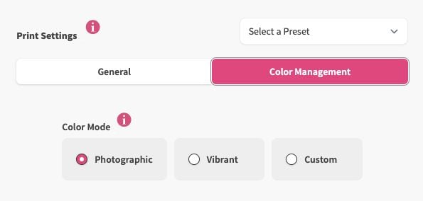 PrintMate Software:  Tabs for General and Color Management