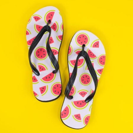 Sublimation flip flops with watermelon image on yellow background