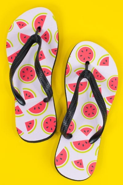 Sublimation flip flops with watermelon image on yellow background