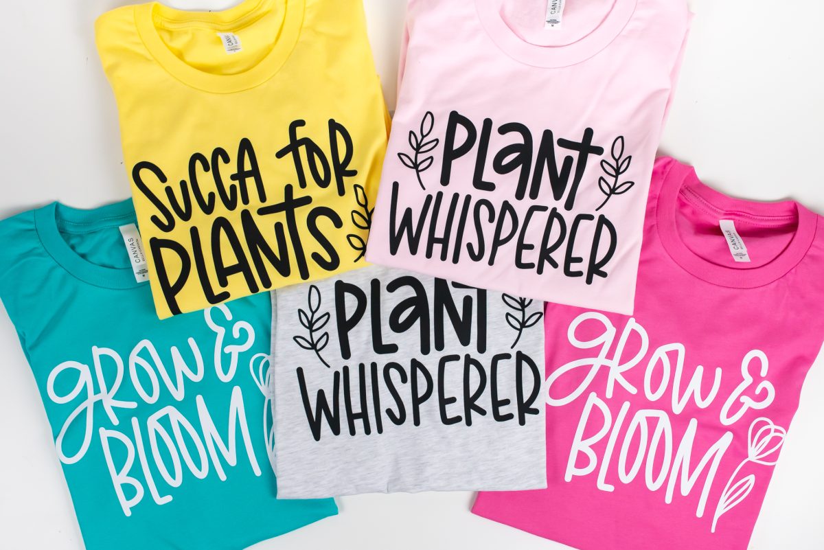 Five final shirts in five colors with three different plant quotes.