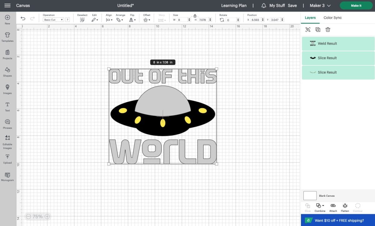Design Space screenshot: "out of this world" image resized to fit shirt
