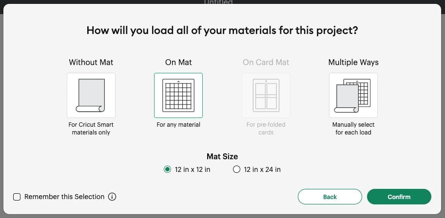 Design Space screenshot: Load screen showing "On Mat"