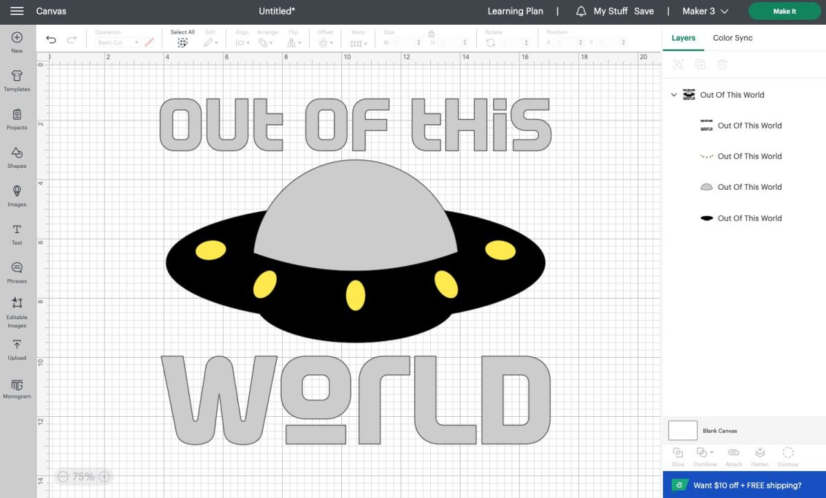 Design Space screenshot: "out of this world" image with colors changed