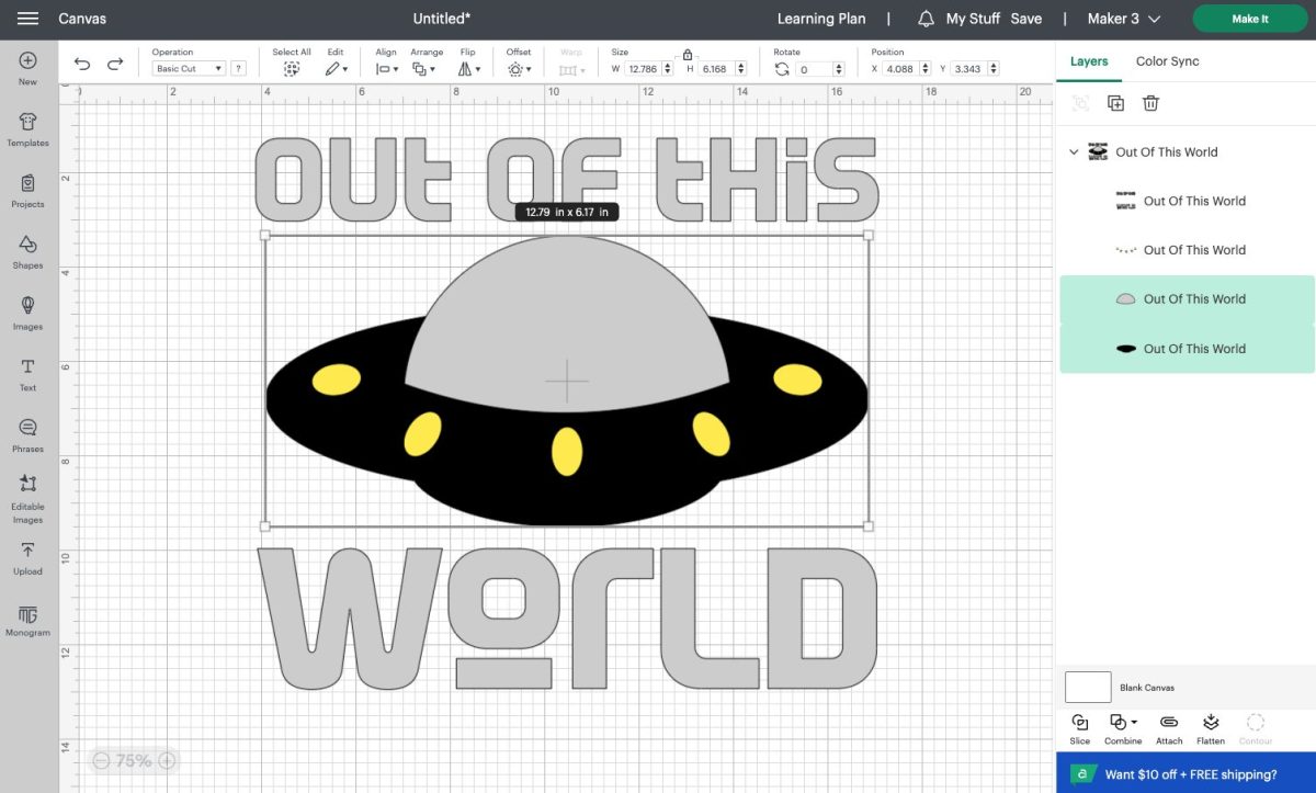 Design Space screenshot: "out of this world" image with black and dome layers selected