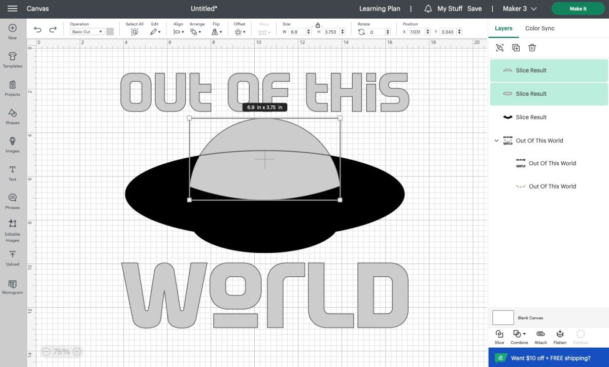 Design Space screenshot: "out of this world" image with two dome layers selected