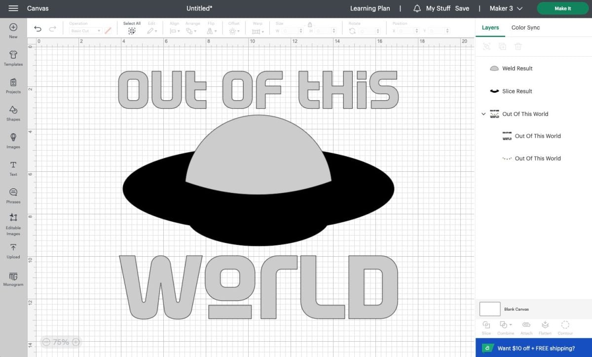 Design Space screenshot: "out of this world" image with two dome layers welded