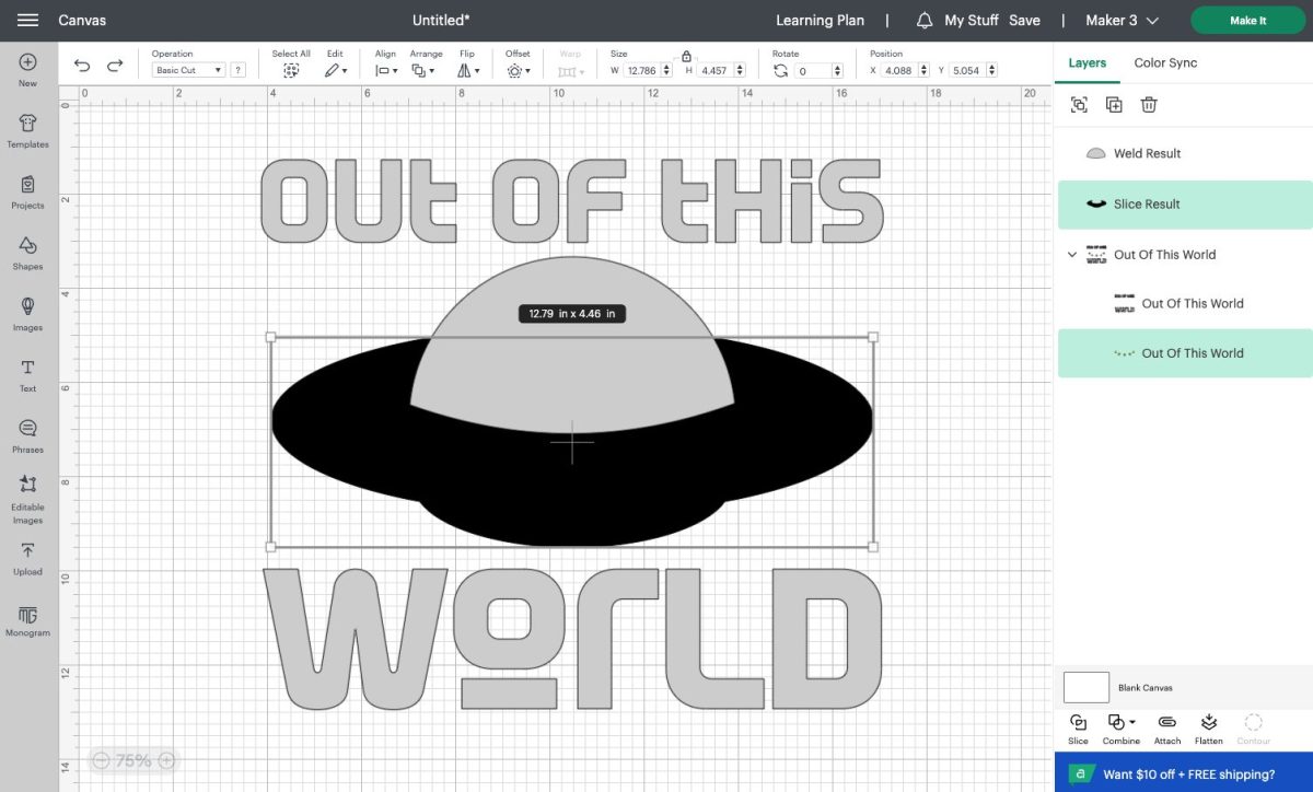 Design Space screenshot: "out of this world" image with black and light layers sliced