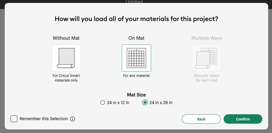 Design Space: load screen showing on mat and paper size