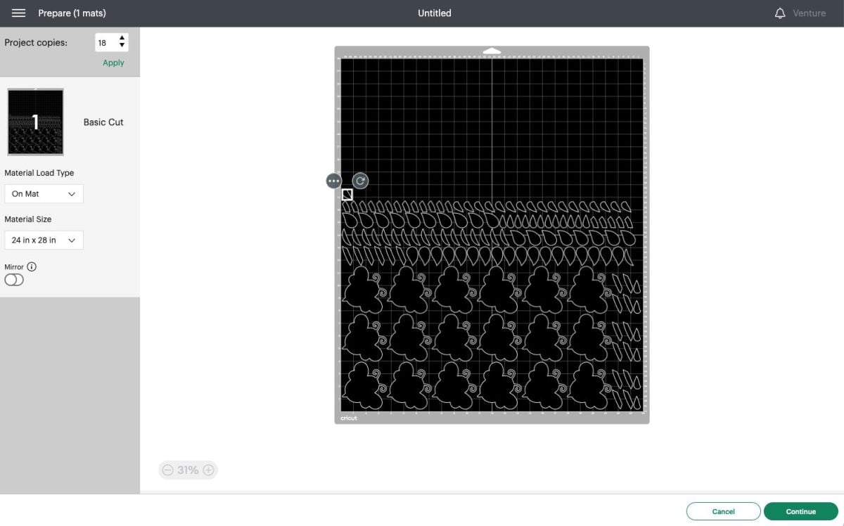 Design Space Prepare Screen showing single bee image duplicated 18 times on mat