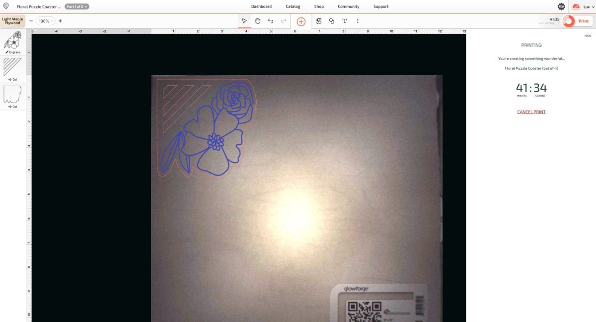 Glowforge App showing coaster image