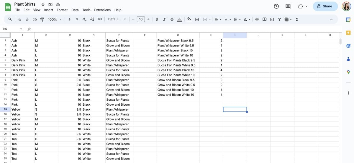 Spreadsheet showing different shirts and coordinating decals.