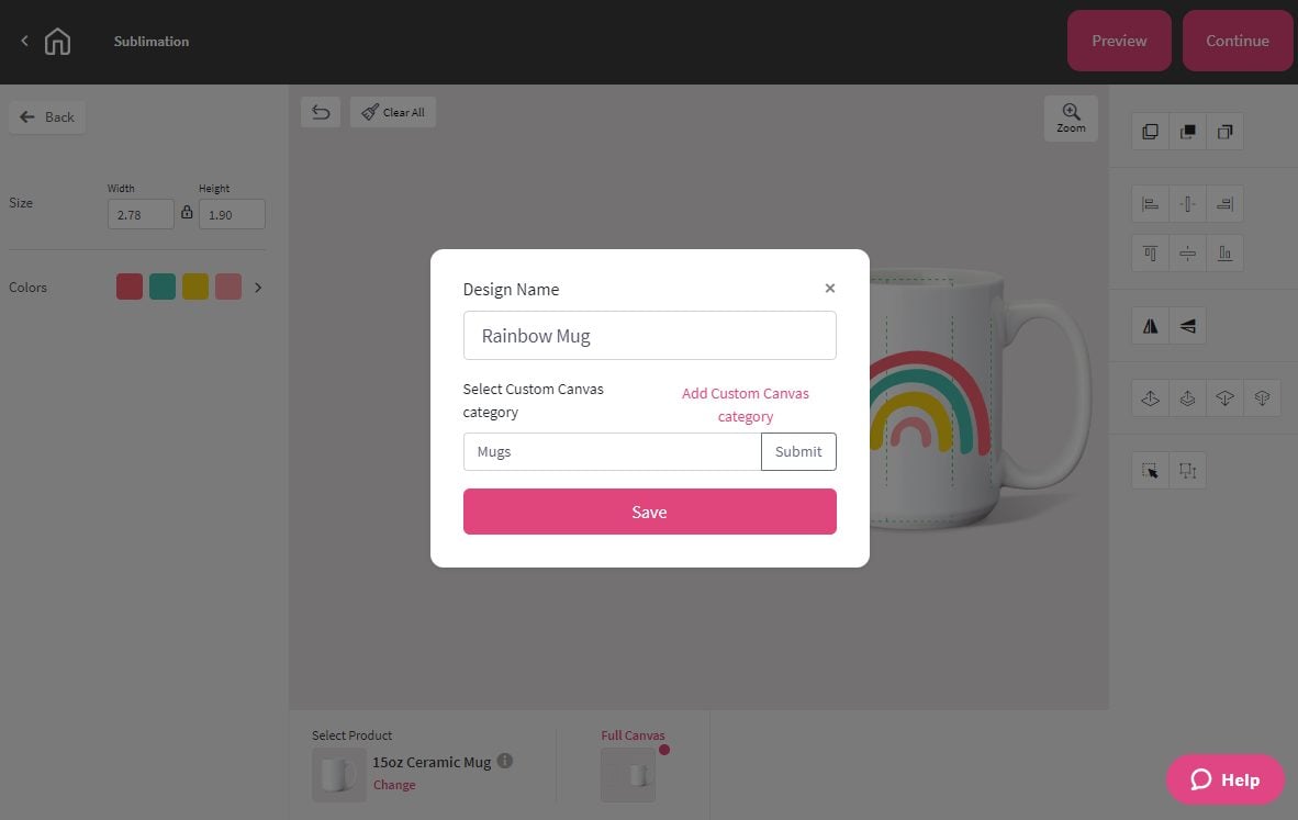 Rainbow Mug Save screen in DesignMate