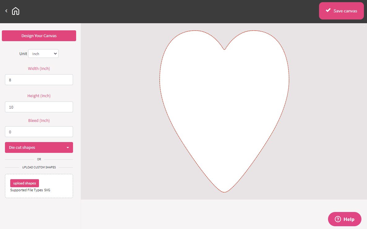 Custom canvas design screen with heart in DesignMate