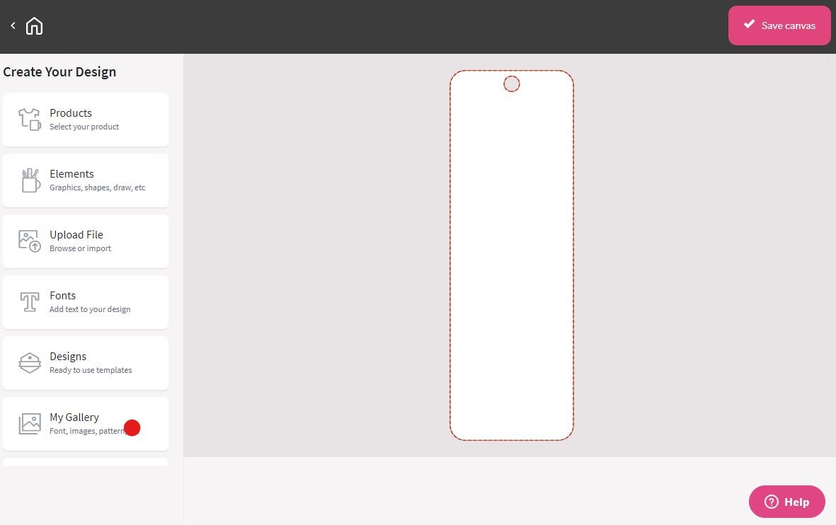 Custom canvas design screen with bookmark in DesignMate