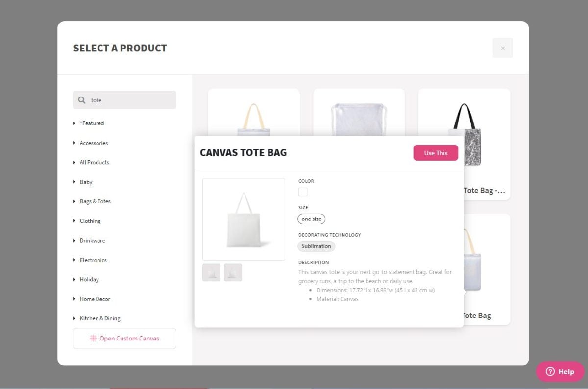 DesignMate tote bag selected in product tool