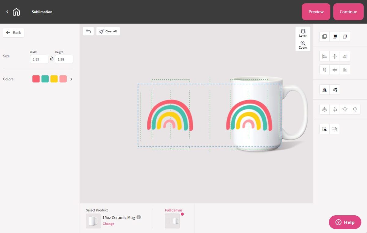 Ceramic mug on DesignMate canvas and a duplicated rainbow design