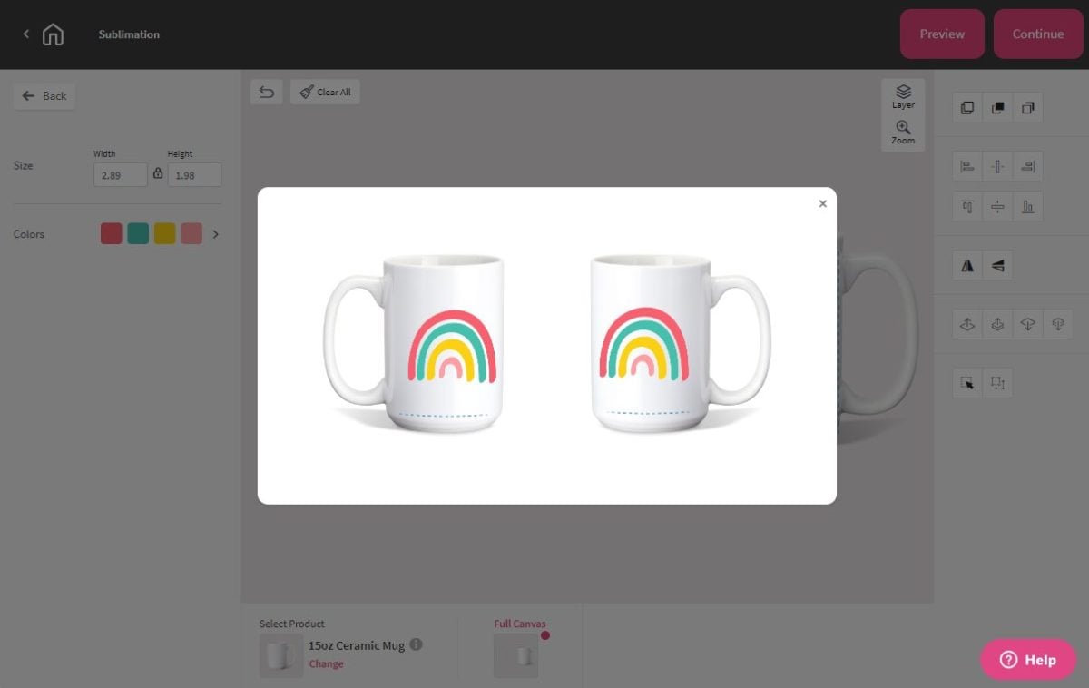 Image of front and back of  a ceramic mug on DesignMate canvas with a rainbow design
