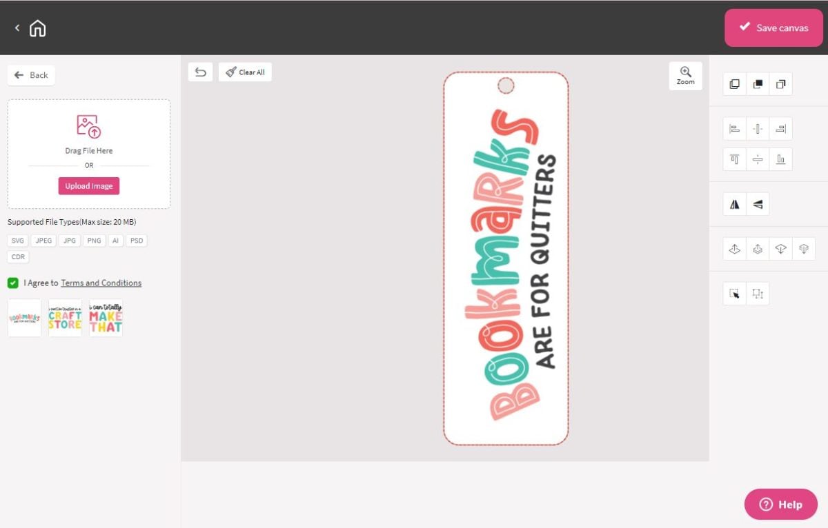 Image of a bookmark on DesignMate canvas that says Bookmarks are for Quitters