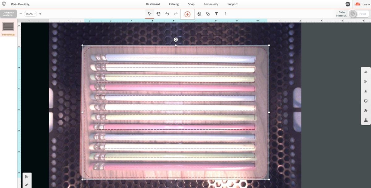 Glowforge App - Showing pencil jig file on top of pencil image