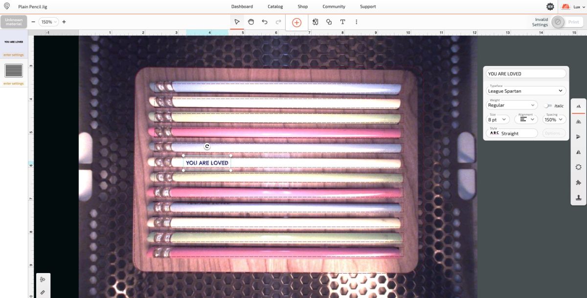 Glowforge App - showing single engraving on pencil.