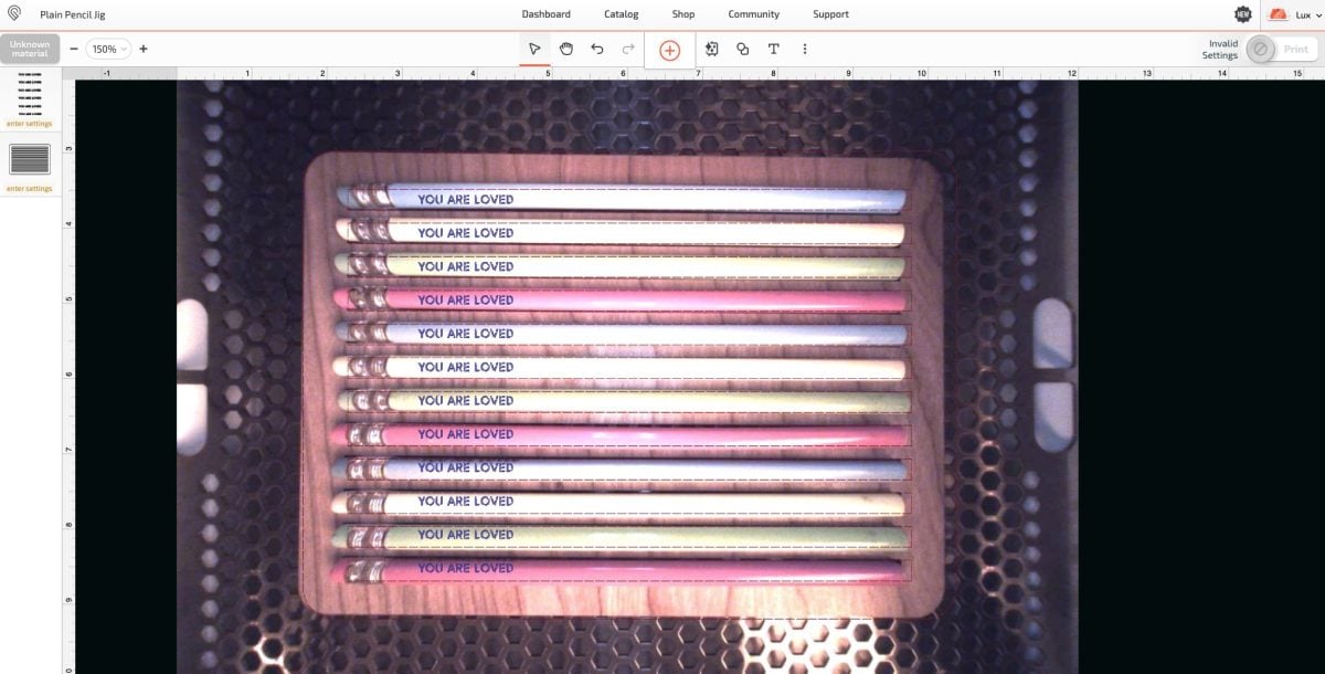 Glowforge App - showing text on all 12 pencils.