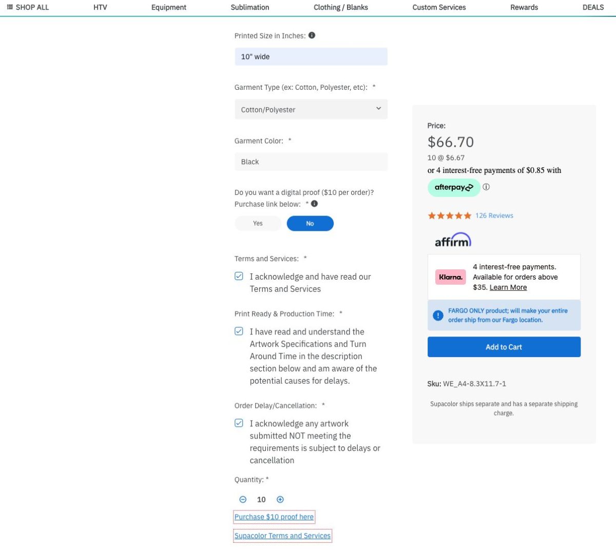 Screenshot of Heat Transfer Warehouse Supacolor ordering form 2