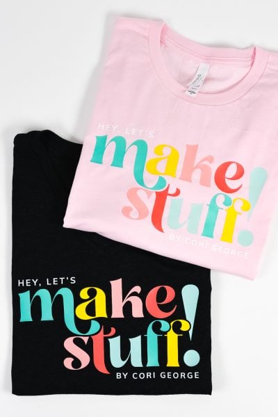 Black and pink shirt with Hey Let's Make Stuff Supacolor transfers