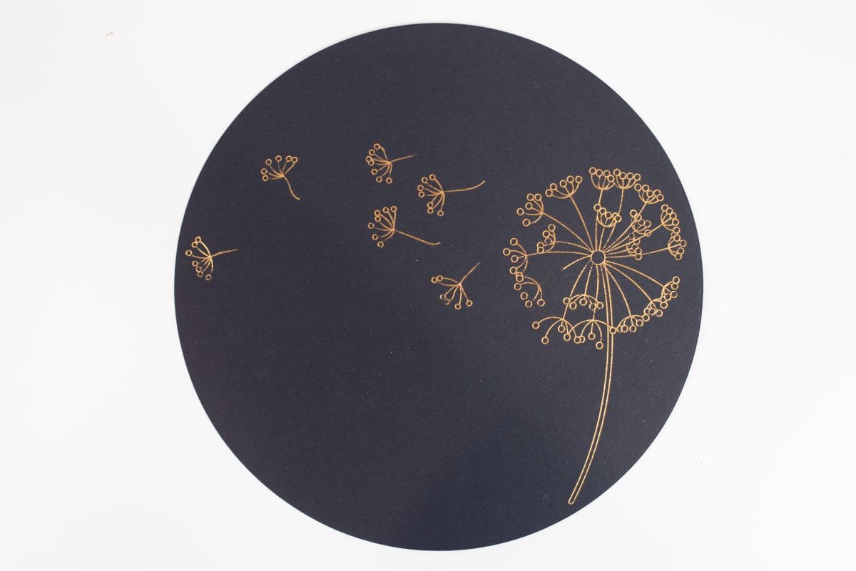 Foiled black cardstock with dandelion image.