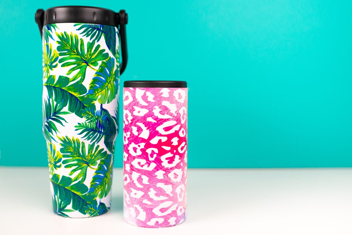 Final leaf and leopard sublimation tumblers on teal background