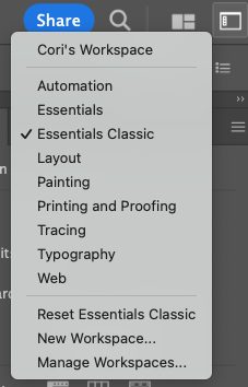 Adobe Illustrator workspace dropdown.