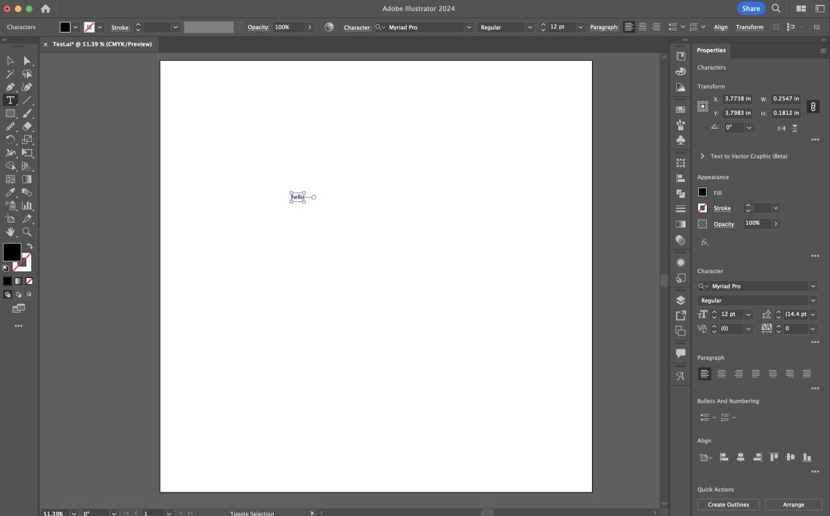 Adobe Illustrator: Artboard with "hello" text really small