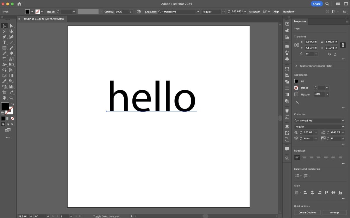 Adobe Illustrator: Artboard with "hello" text larger