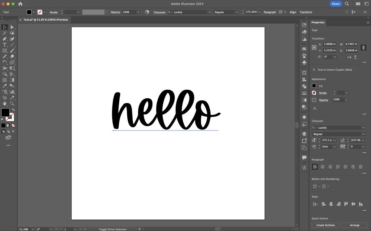 Adobe Illustrator: Artboard with "hello" text in cute cursive font