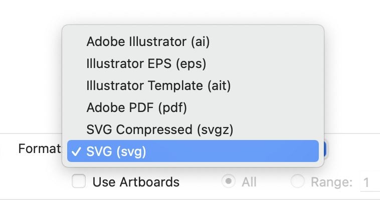 Adobe Illustrator: Save dropdown with file types.