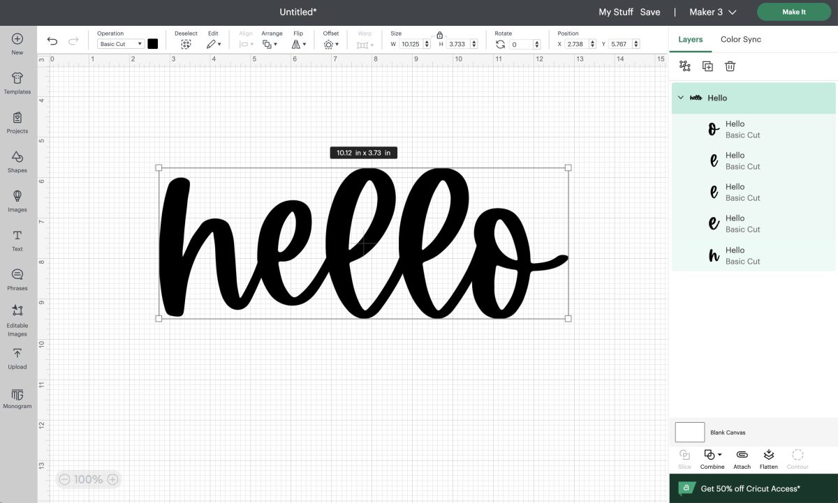 Cricut Design Space canvas with "hello" image and each letter as a separate layer