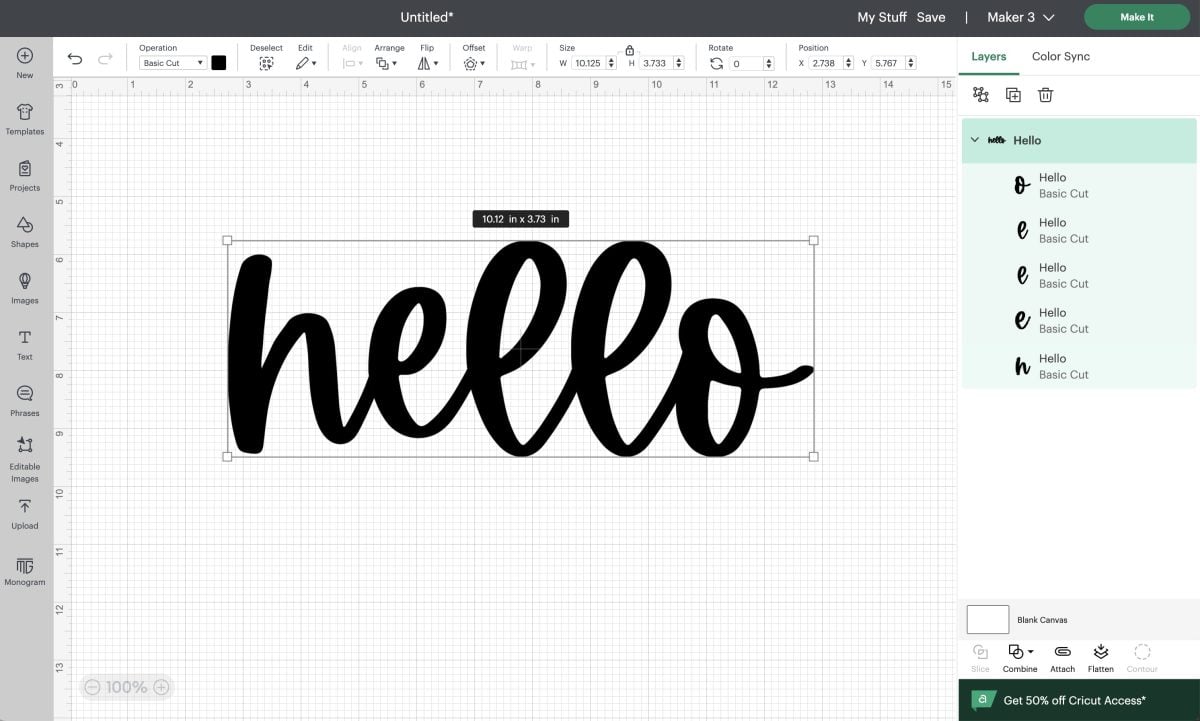 Cricut Design Space canvas with "hello" image and each letter as a separate layer