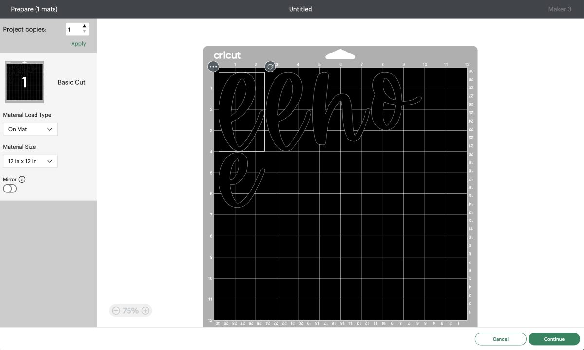 Cricut Design Space prepare screen with mat showing five separate letters.