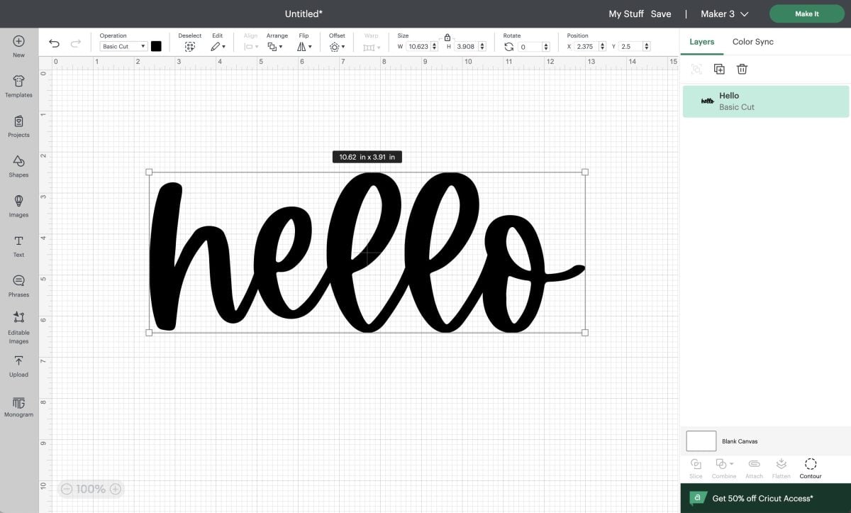 Cricut Design Space - showing that the file is renamed "hello" in the layers panel