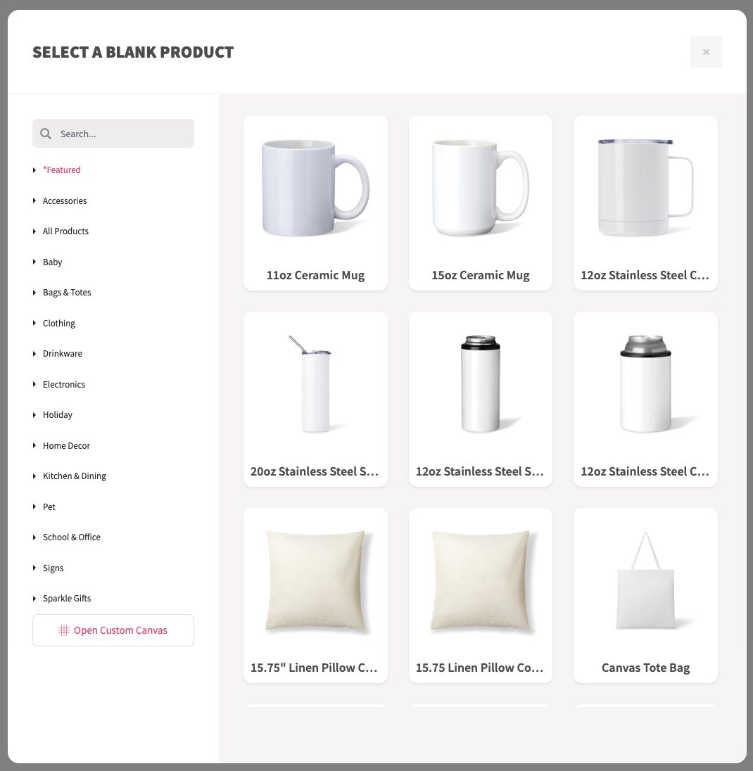 Sawgrass DesignMate Screenshot: Choose a Blank Product Screen