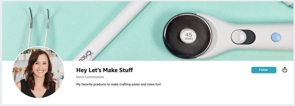 Screen shot of button to click on to follow Cori from Hey Let's Make Stuff on her Amazon storefront 