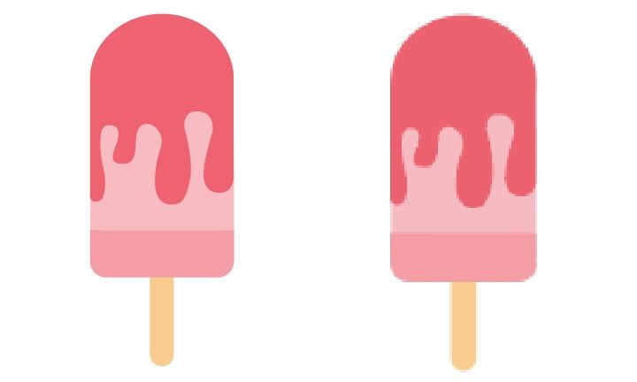 Two popsicle images, one showing smooth vector lines and one showing pixelated edges.