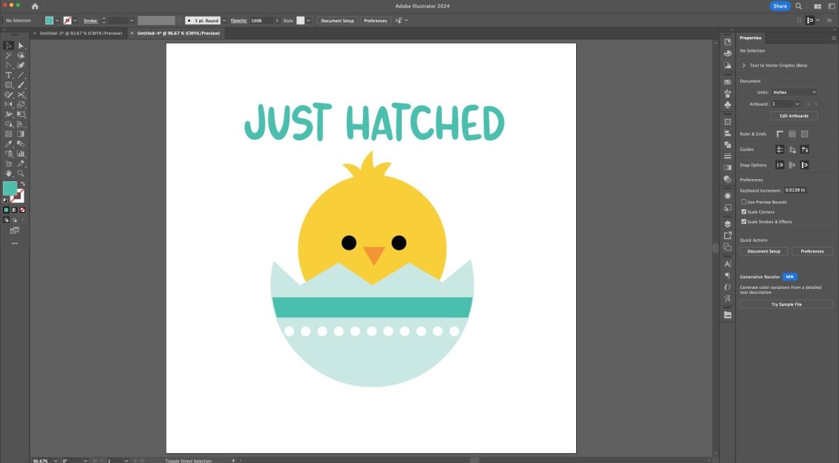 Adobe Illustrator: Chick image with "just hatched" in blue over it