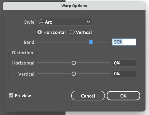Adobe Illustrator: Closeup of warp options