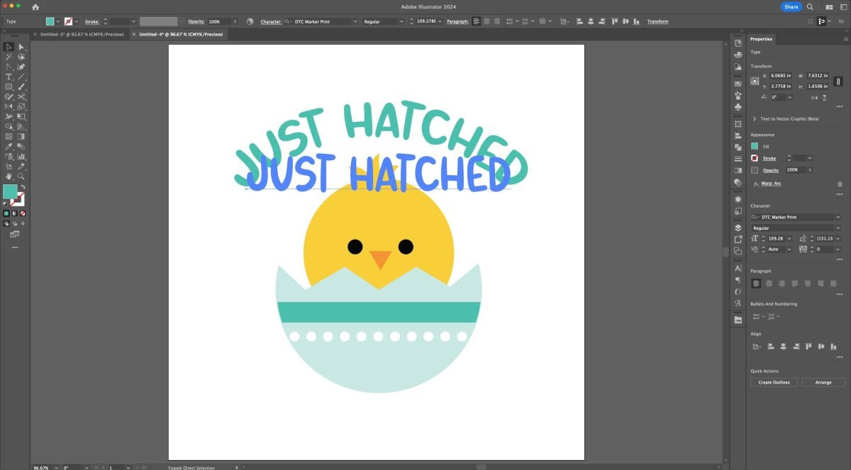 Adobe Illustrator: Chick image with "just hatched" showing as un-expanded