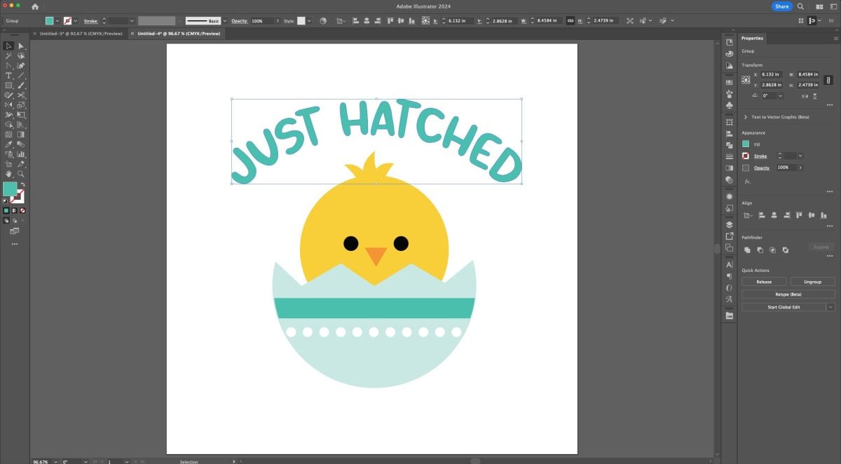 Adobe Illustrator: Chick image with "just hatched" showing as expanded