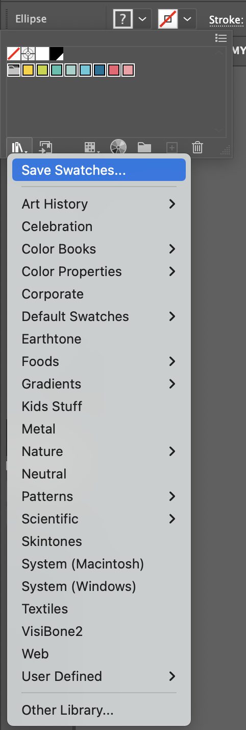 Adobe Illustrator Swatch Library Dropdown showing Save Swatches