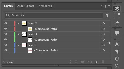 Adobe Illustrator: Layers Panel showing all compound paths on their own layer.