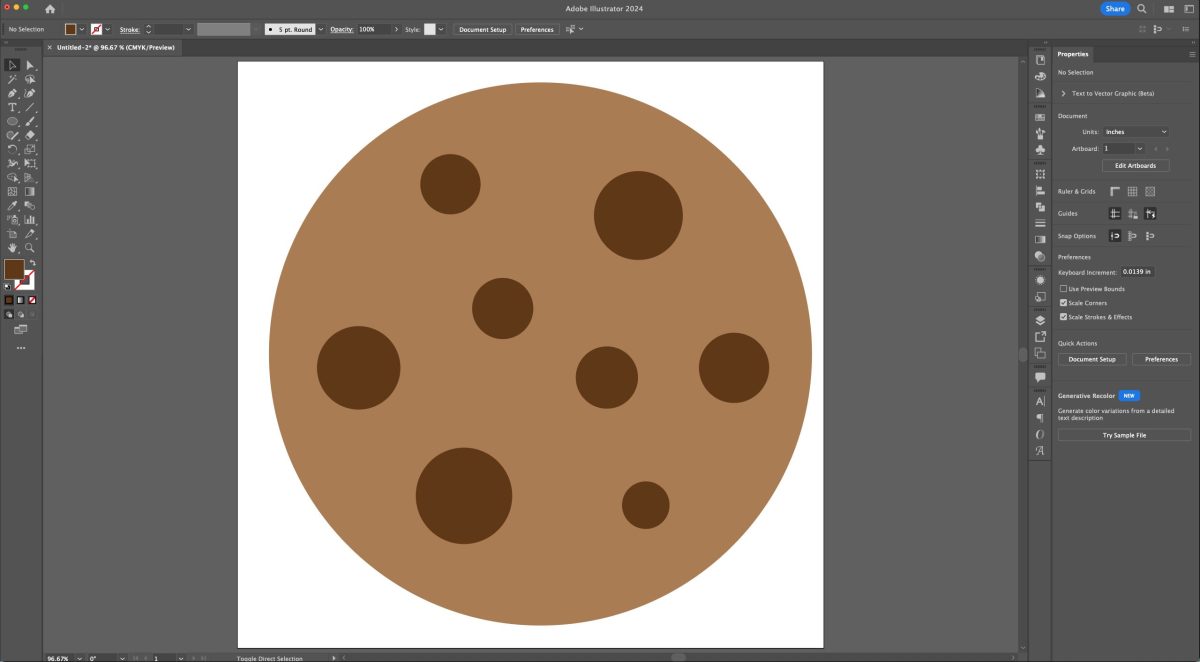 Adobe Illustrator: brown circle on artboard with smaller dark brown circles to look like a cookie