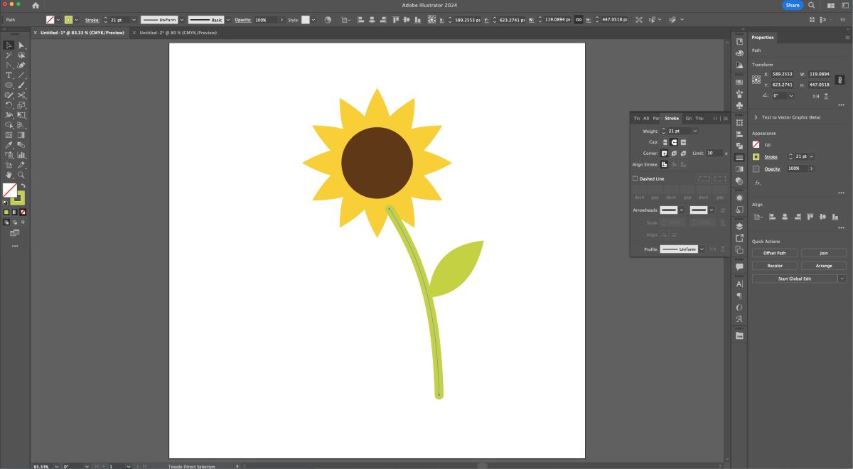 Adobe Illustrator: Stem stroke increased, made green, with rounded end
