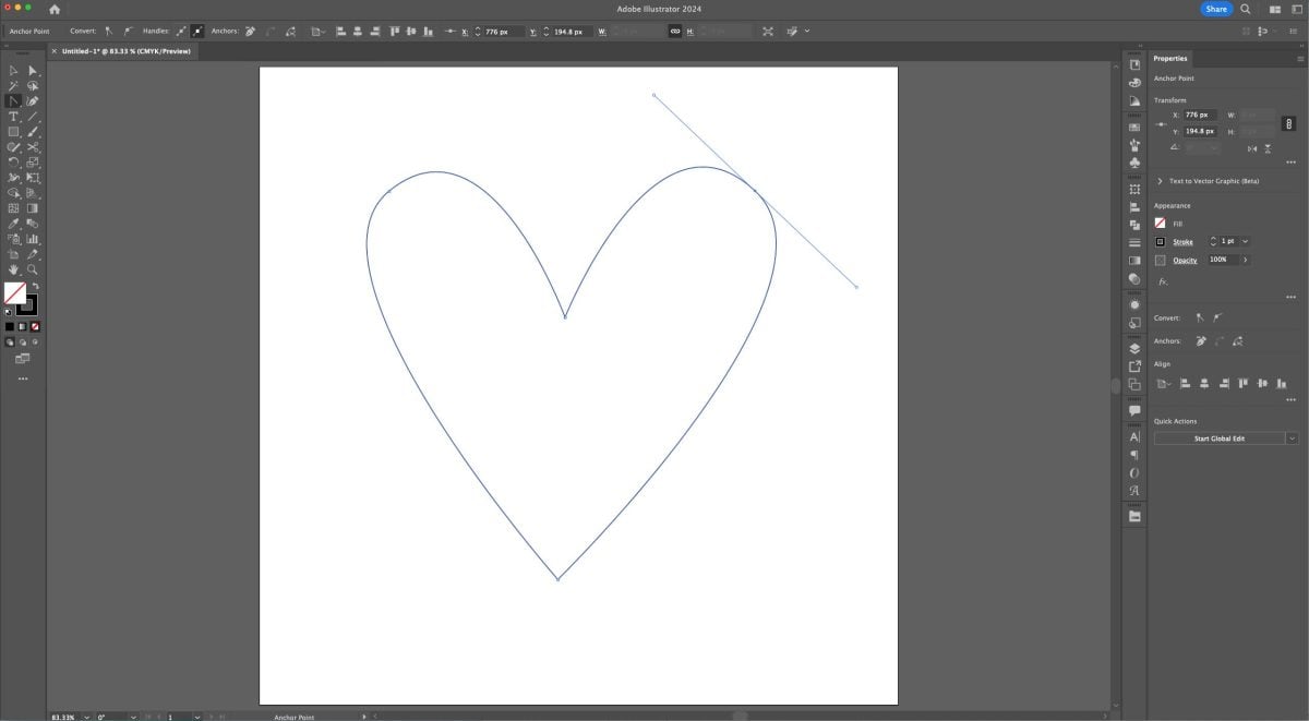 Adobe Illustrator: create curves in the top two anchor points to make a heart